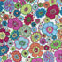 60s-inspired floral fabric laid flat, featuring pink, orange, blue, teal and lime green retro flowers on a light off white background.