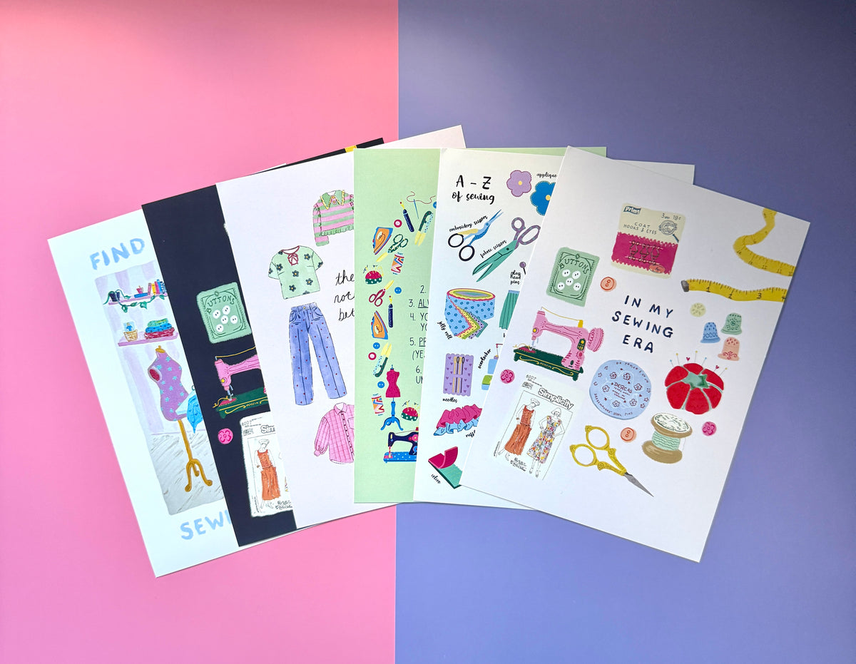 A selection of sewing based prints: in my sewing era, A-Z of sewing, find me in my sewing room, nothing better than sewing your own wardrobe. 