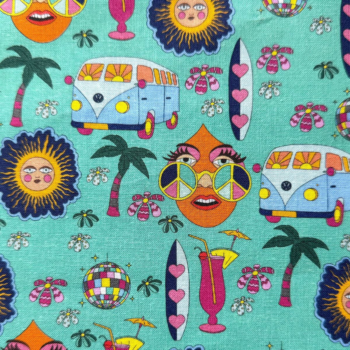 Mint green hippie fabric with blue campervans, sunshine faces, peace-sign sunglasses, palm trees, surfboards and colourful disco balls.